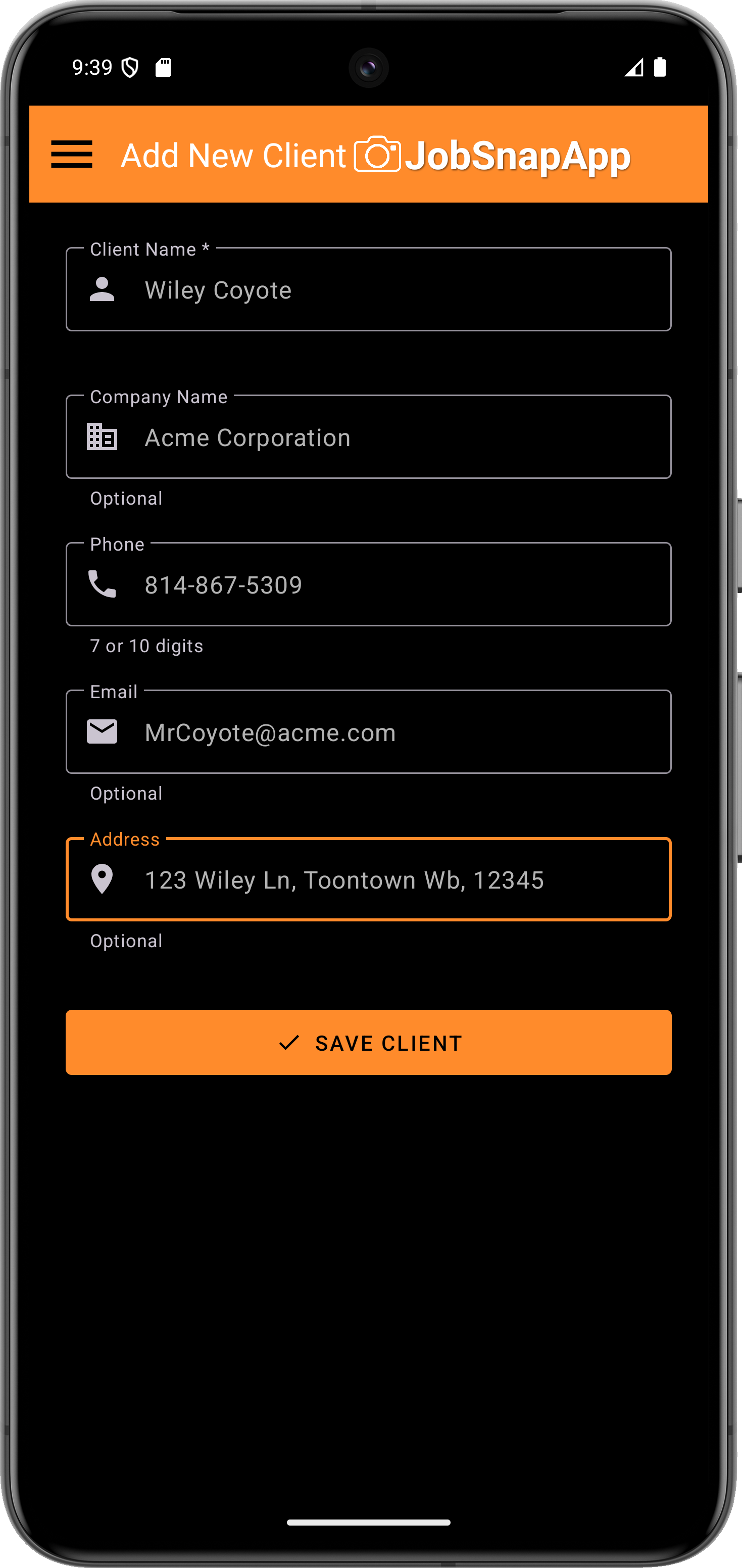 JobSnapApp Add Client Screen