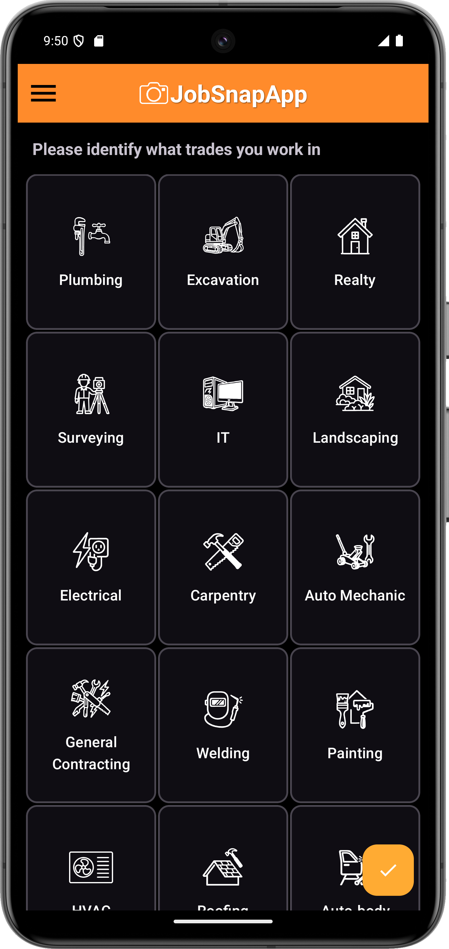 JobSnapApp Trade Selection Screen